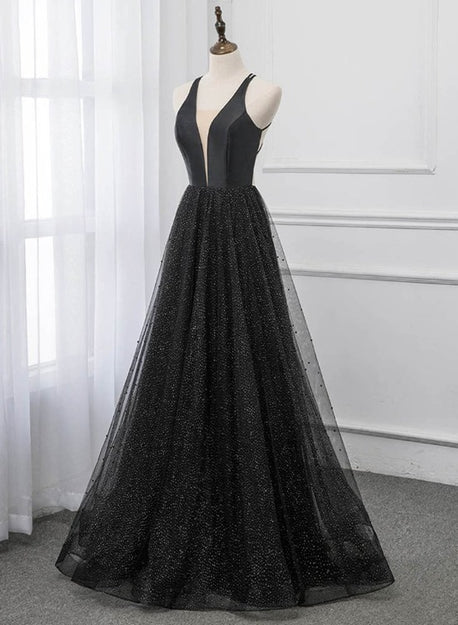 Luolandi Black V-neckline Tulle and Satin Long Straps Cross Back Prom Dress Floor Length Evening Dress Sexy